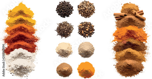 Spices and seasoning vector set with colorful powder heaps, herbs, pepper, cinnamon sticks, and culinary ingredient illustration collection