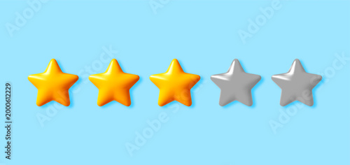 3D Three golden stars and two gray stars on blue. Rating system design with 3d icon for customer feedback. Evaluation service concept for high quality user experience review. Vector illustration
