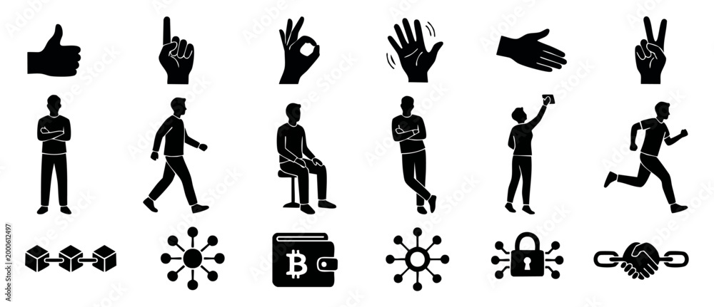 Obraz premium Human Body Language Gestures and Blockchain Cryptocurrency Icons Set, Black Silhouette Vector Collection for UI Design, Business Communication, Financial Technology and Network Security Concept Symbol