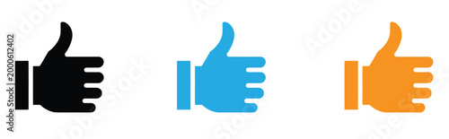 Three thumbs up icons in black, blue, and orange