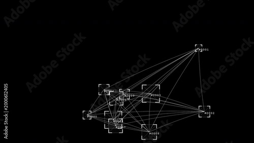 AI computer vision tracking interface with bounding boxes and ID labels on black background. Digital motion analysis and object detection visualization. CyberBlob Scan overlay for VFX compositing