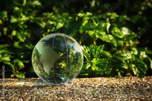 A transparent glass globe placed on a natural surface surrounded by green foliage in sunlight, symbolizing environmental conservation, sustainability, and the balance of nature. Ideal for Earth day
