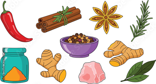 Spices and Herbs Icon Set with Chili, Cinnamon, Ginger, Star Anise, and More for Cooking, Recipes, and Culinary Designs on Websites, Apps, and Digital Media.