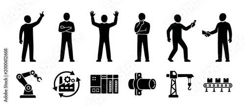 Industrial worker and manufacturing icons set, factory labor and automation symbols for construction, engineering, logistics, business management, digital production process and robotic systems graphi