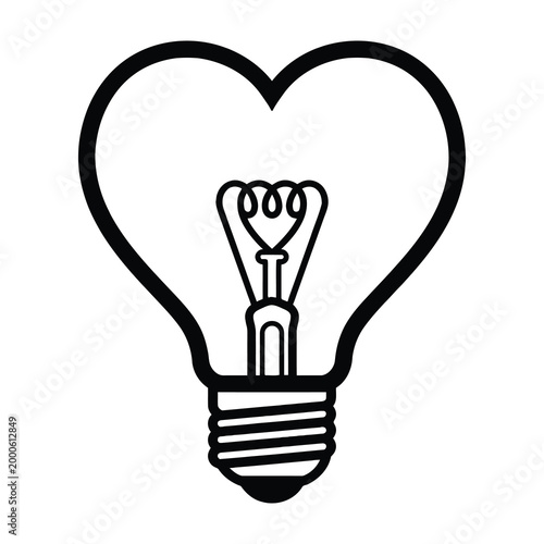 Heart shaped light bulb with glowing filament, symbolizing love and innovation