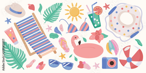 beach holiday accessories illustration with colorful items