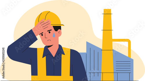 Exhausted male construction worker wearing yellow safety helmet looking stressed at industrial factory site, fatigue and workplace pressure concept, heavy labor environment, detailed modern vector
