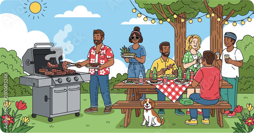 Diverse group of friends enjoying a sunny outdoor barbecue with delicious grilled food and refreshing drinks together