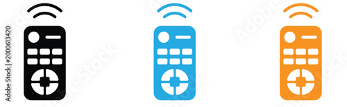 A set of three remote control icons in black, blue, and orange colors