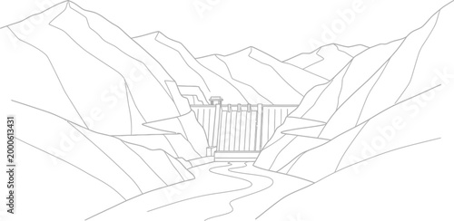 Detailed line art illustration depicting a massive hydroelectric dam nestled within a dramatic mountain range, with a winding river flowing from its base, showcasing power generation infrastructure.