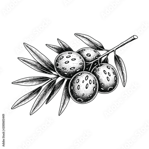 Black and white illustration of olives on a branch with leaves, healthy food and nutrition concept