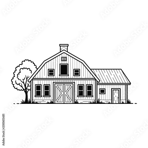 Black and white illustration of a rustic barn house with tree and grass