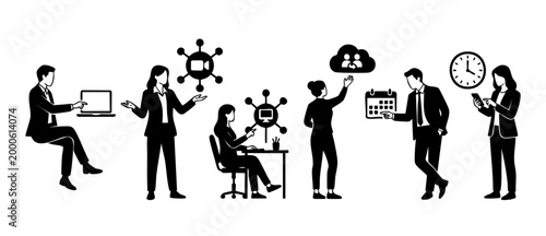 Business People Remote Work Icons Set, Professional Team Collaboration and Digital Communication Strategy, Corporate Workflow Management, Productivity Icons in Minimalist Black and White Vector Graphi