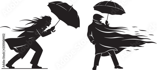 Silhouette of People with Umbrellas Walking in Strong Wind and Stormy Autumn Weather