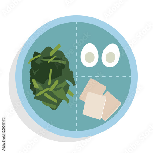 Kidney Friendly Diet Plate with Radish Cake, Steamed Egg White and Green Vegetables Illustration