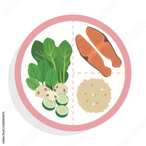 Healthy Balanced Meal Plate with Grilled Salmon Steak, Brown Rice and Fresh Green Vegetables Illustration