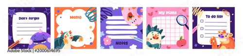 Cute kids designs of TO DO lists set. Templates of checklists and sheets for notes with funny monsters. Child layouts of todo, tasks, memos for planner. Daily planning. Flat vector illustrations
