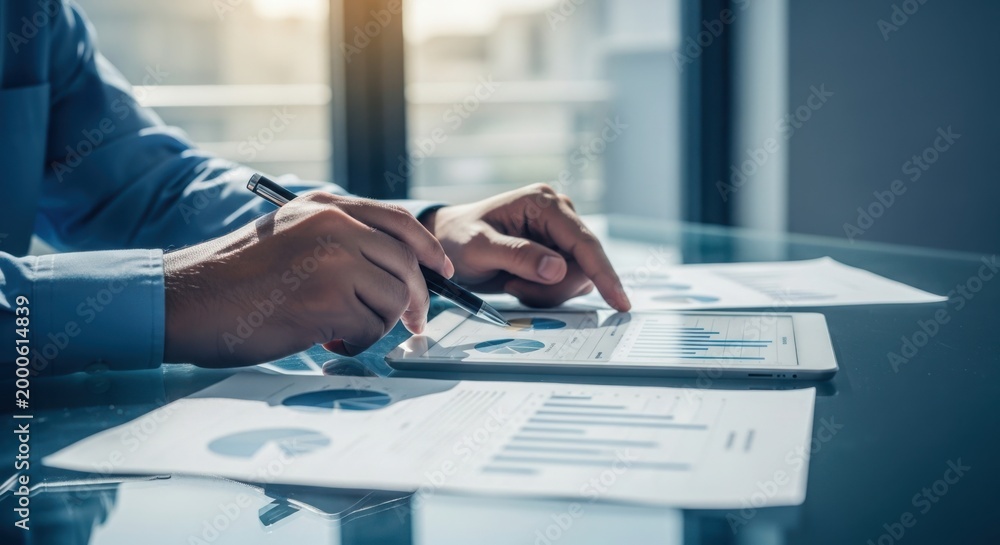 Obraz premium A professional reviews financial charts and graphs on a tablet and paper.