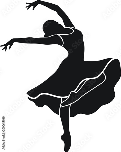 Silhouette of ballet dancer in motion, graceful pose, black figure on transparent background, elegant performance art.