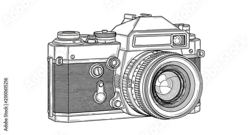 Vintage film camera detailed line art illustration on white background
