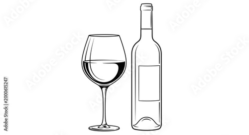 Wine glass and bottle line art drawing black and white