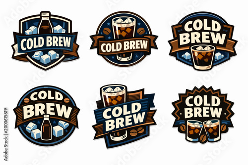 Cold brew coffee logos and emblems collection featuring iced beverages, bottles, and coffee beans for branding