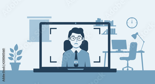 Worried businessman on laptop during video call in a home office
