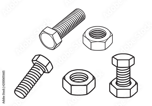 Bolts and Nuts Elements Collection Construction Bolt Nut Clipart Simple Mechanical Parts Illustration Industrial Line Art Hardware Pack