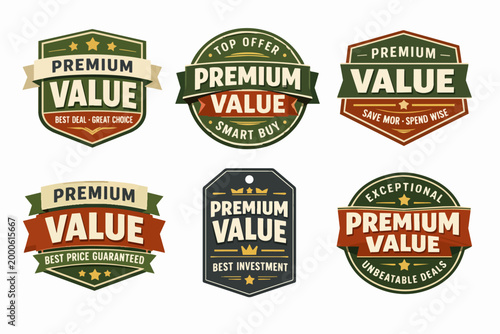 Set of premium value labels offering top offers, best investments, and unbeatable deals for shopping and retail