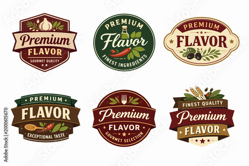 Premium flavor badge collection displaying quality food labels, vintage seals, and gourmet food ingredient icons