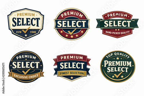 Premium select labels set presenting vintage styled badges for exclusive choice and finest product quality