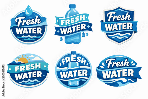 Collection of fresh water labels, badges, and stickers promoting hydration, pure liquid, and beverage branding designs