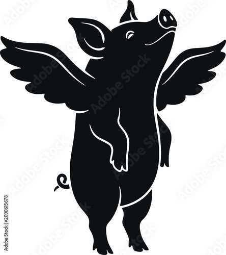 Whimsical silhouette of a flying pig with outstretched wings, symbolizing dreams and fantasy.