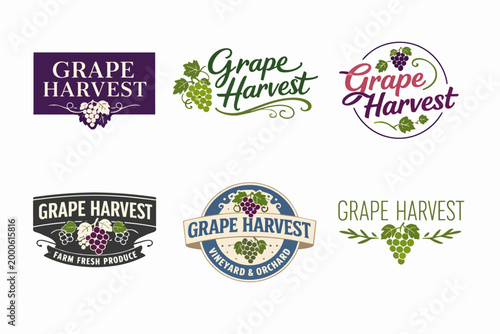 Grape harvest logos set displaying fruit labels, fresh produce, winery and vineyard branding design elements