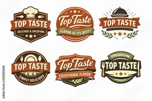 Restaurant food badges and logos set, promoting delicious catering, gourmet dining, and culinary cooking concepts