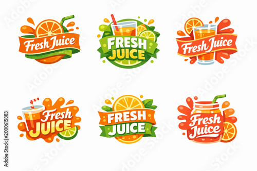 Fresh juice logos representing natural citrus flavor, healthy drinks, and organic fruit beverages for summer refreshment