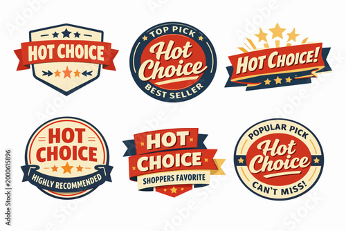 Collection of hot choice badges, labels, and stickers, featuring stars and ribbons for product recommendation and quality