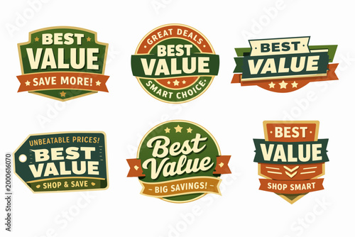 Collection of best value labels and badges in vintage style for retail promotions, savings, discounts, and smart shopping