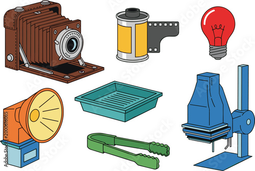 Vintage Photography and Scientific Equipment Icon Set with Camera, Film, Microscope, Loudspeaker, and Light Bulb for Websites, Apps, and Digital Media Designs.