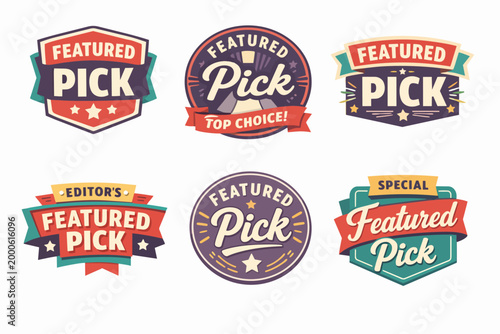 Set of assorted featured pick badges, special offer tags, top choice emblems, and best quality labels