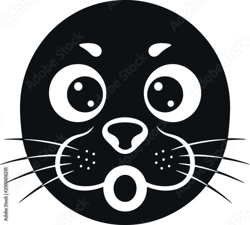 Surprised black seal face icon with wide eyes and open mouth, cartoon animal emoji vector graphic.