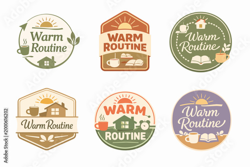 Warm routine logo set including sunrise, home, coffee cup, book, and alarm clock symbolizing daily comfort and wellness