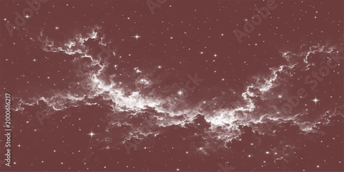 A cosmic symphony of stars dance against a rich, deep maroon backdrop, revealing a celestial ballet of ethereal clouds and sparkling celestial bodies.