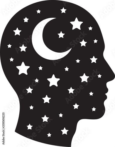 Silhouette of a human head filled with a night sky motif, featuring a crescent moon and stars, representing dreams, imagination, or cosmic thoughts.
