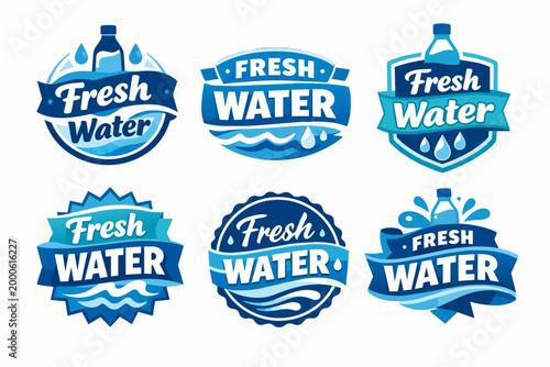 Fresh water labels set featuring bottles, drops, and waves, representing purity and healthy hydration