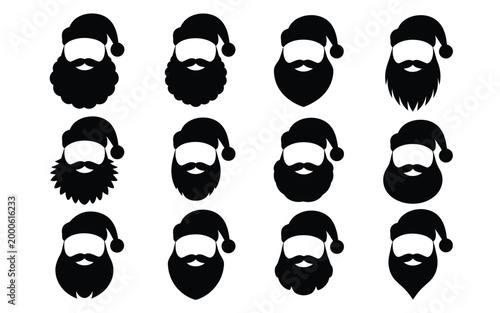 Black silhouettes of men with beards and santa hats on white background various facial hair styles and expressions christmas icons