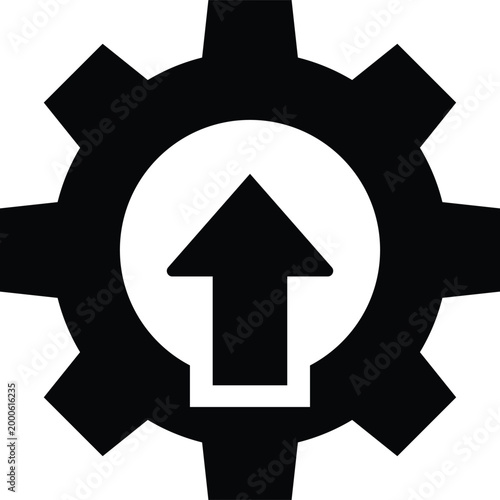 Black gear with white upward arrow inside, symbolizing progress and mechanics cogwheel