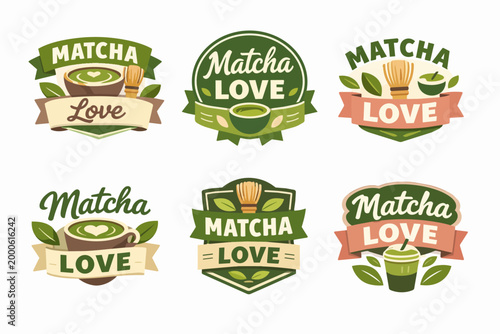 Branding set with matcha love labels, offering different graphic designs for healthy green tea products and drinks