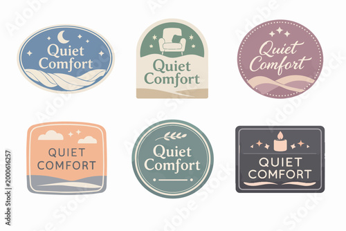 Quiet comfort branding logos presenting cozy home, relaxation, and peacefulness concepts in pastel color scheme
