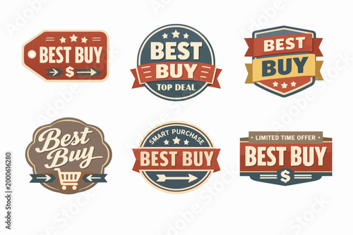 Collection of vintage best buy labels and badges, featuring shopping cart, dollar signs, and stars for sale promotions